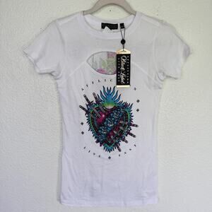 Affliction Top Womens XS Rhinestone Heart Dagger Black Label Graphic Tee NEW